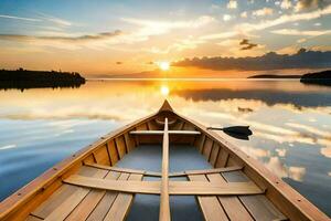 un canoa es flotante en el calma aguas de un lago a puesta de sol. generado por ai foto