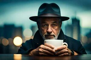 un más viejo hombre en un sombrero participación un café taza. generado por ai foto