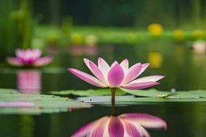 rosado loto flor en agua con verde hojas. generado por ai foto
