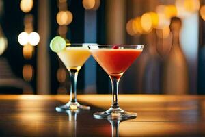 two cocktails sit on a table in front of a blurred background. AI-Generated photo