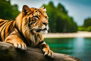 a tiger is sitting on a log near a lake. AI-Generated photo