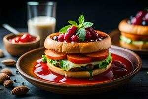 a hamburger with berries and cream on a plate. AI-Generated photo