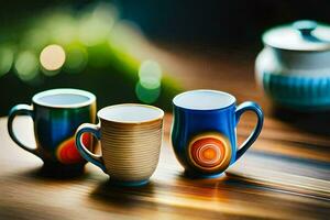 three colorful coffee mugs sit on a table. AI-Generated photo