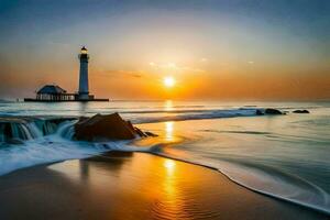 el faro a puesta de sol con olas y rocas generado por ai foto