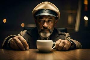 a man in a hat and coat sitting at a table with a cup of coffee. AI-Generated photo