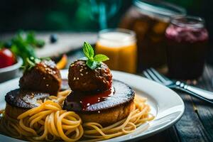 a plate of spaghetti with meatballs and sauce. AI-Generated photo