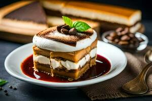 un rebanada de pastel con azotado crema y chocolate salsa. generado por ai foto