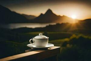 a cup of coffee on a balcony overlooking the mountains. AI-Generated photo