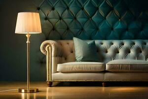 un oro lámpara es sentado en un sofá en frente de un azul pared. generado por ai foto