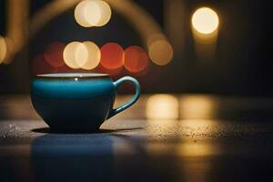 a blue cup sitting on a table in front of a blurry background. AI-Generated photo