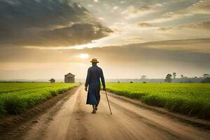 a man walking down a dirt road in a field. AI-Generated photo