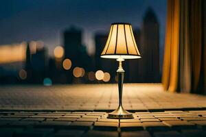 a lamp on a brick floor in front of a city skyline. AI-Generated photo