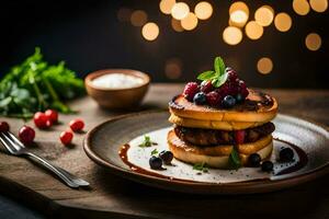 pancakes with berries and syrup on a plate. AI-Generated photo