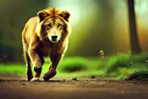 un león caminando en un suciedad la carretera en el bosque. generado por ai foto