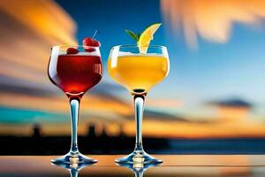 two glasses of cocktails with sunset in the background. AI-Generated photo