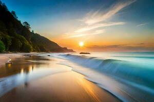 a beautiful beach scene with waves crashing into the sand. AI-Generated photo