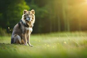 un león sentado en el césped. generado por ai foto