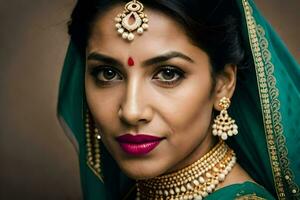 hermosa indio mujer en tradicional atuendo. generado por ai foto