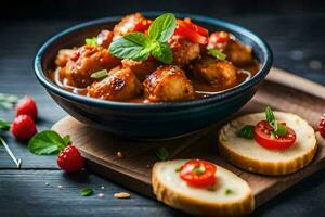 meatballs in a tomato sauce with bread and fresh herbs. AI-Generated photo