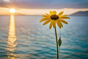 a single yellow flower stands in front of the ocean at sunset. AI-Generated photo