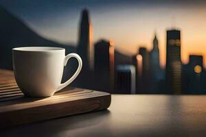 coffee cup on a table with cityscape in the background. AI-Generated photo