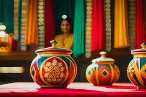 three colorful vases on a red table with a woman in the background. AI-Generated photo