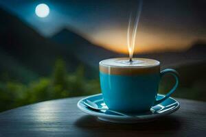 un taza de café con un lleno Luna en el antecedentes. generado por ai foto