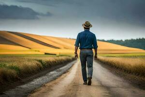 a man walking down a dirt road in a field. AI-Generated photo