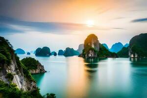 the sun sets over the water in halong bay, vietnam. AI-Generated photo