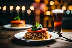 un plato de espaguetis con tomate y albahaca en un de madera mesa. generado por ai foto