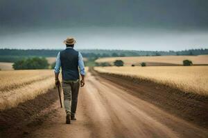 a man walking down a dirt road with a cane. AI-Generated photo