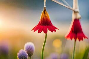 red and yellow flowers hanging from a rope. AI-Generated photo