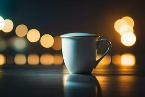 a coffee cup on a table in front of a blurred background. AI-Generated photo