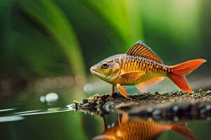 un pez de colores es en pie en el borde de el agua. generado por ai foto