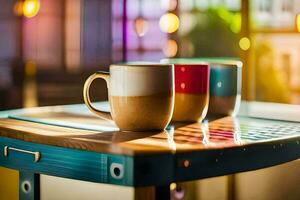 two coffee cups sit on a table in front of a window. AI-Generated photo