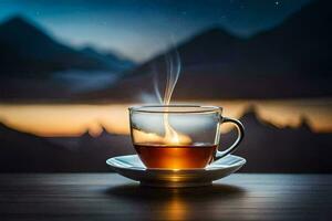 the cup of tea, mountains, night, hd wallpaper. AI-Generated photo