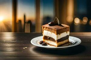 un pedazo de pastel en un plato con un ciudad vista. generado por ai foto