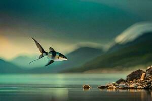 a fish flying over the water with mountains in the background. AI-Generated photo