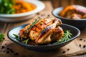 chicken breast with rosemary and herbs in a black bowl. AI-Generated photo