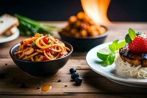 a plate of food with spaghetti, meatballs and a strawberry. AI-Generated photo