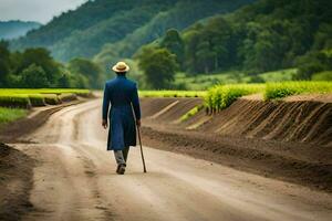 a man in a blue suit walks down a dirt road. AI-Generated photo