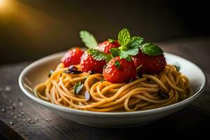 un plato de espaguetis con fresas y menta hojas. generado por ai foto