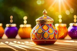 colorful diyas on a wooden table. AI-Generated photo