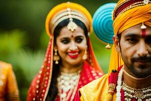 a bride and groom in traditional indian attire. AI-Generated photo