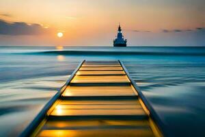 un de madera muelle Guías a el Oceano a puesta de sol. generado por ai foto