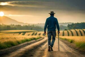 un hombre caminando abajo un suciedad la carretera con un caña. generado por ai foto