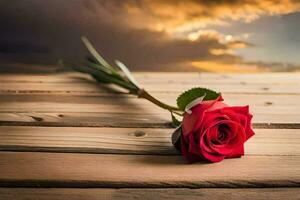 a single red rose on a wooden table. AI-Generated photo