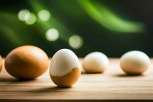 huevos en un de madera mesa con un borroso antecedentes. generado por ai foto