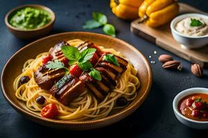 spaghetti with meat and vegetables on a wooden table. AI-Generated photo