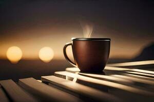 a cup of coffee on a table in front of the sun. AI-Generated photo